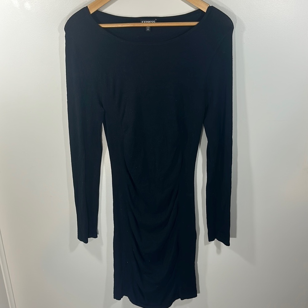 Express Sinched Tight Rayon Long Sleeve Scoop Neck Dress Little Black Dress